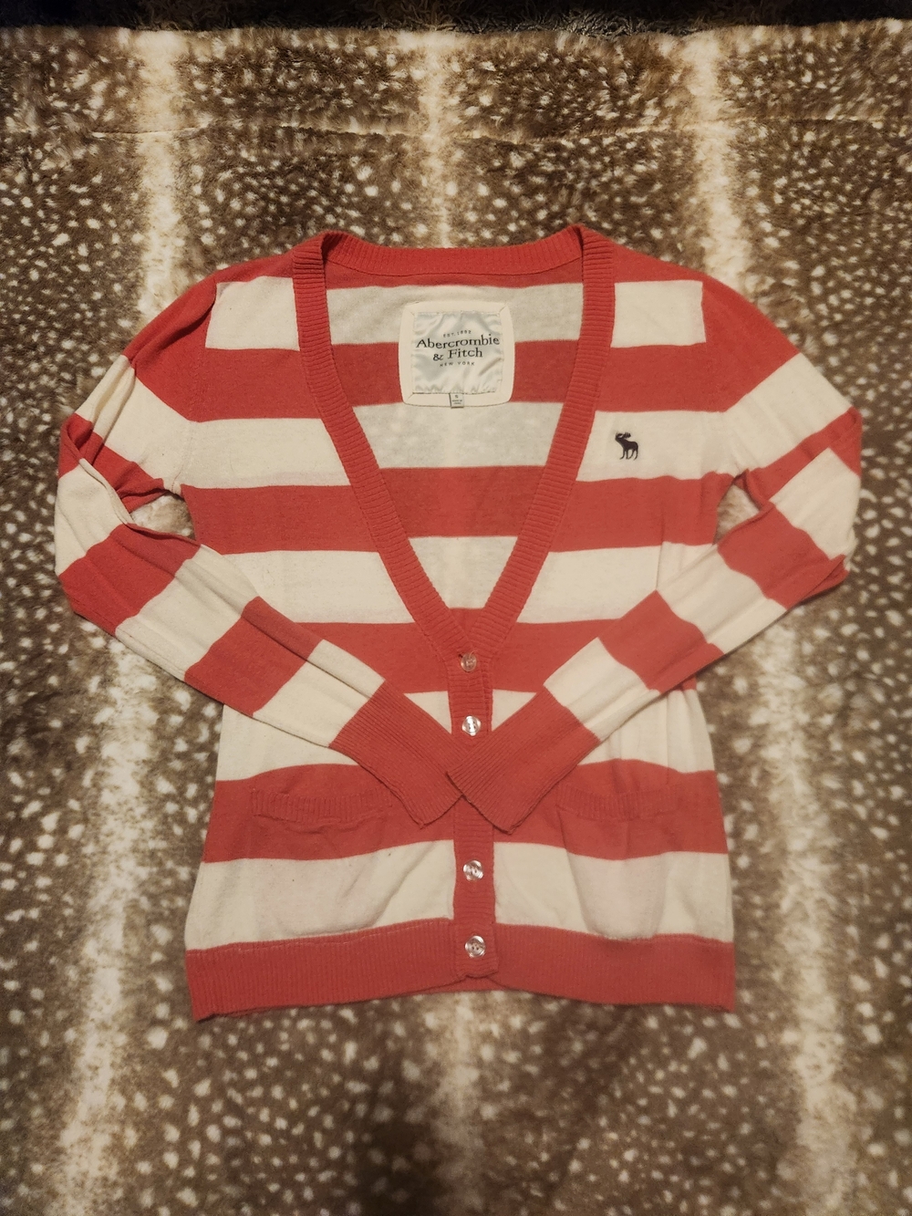 Abercrombie and Fitch Vintage Y2K pink white stripe cardigain moose embroidery